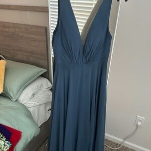 Elegant Deep V-Neck Steel Blue Dress